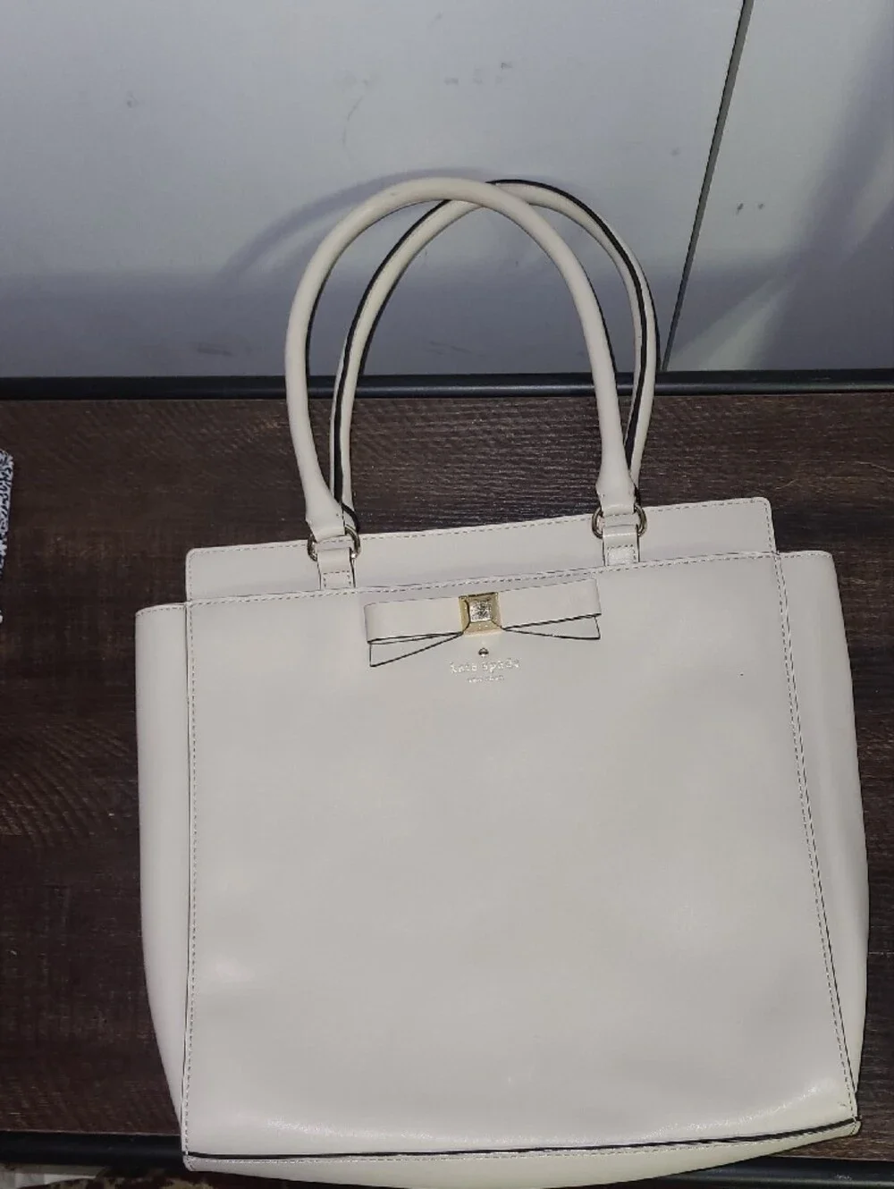 kate spade Cream Leather Tote with Bow Accent